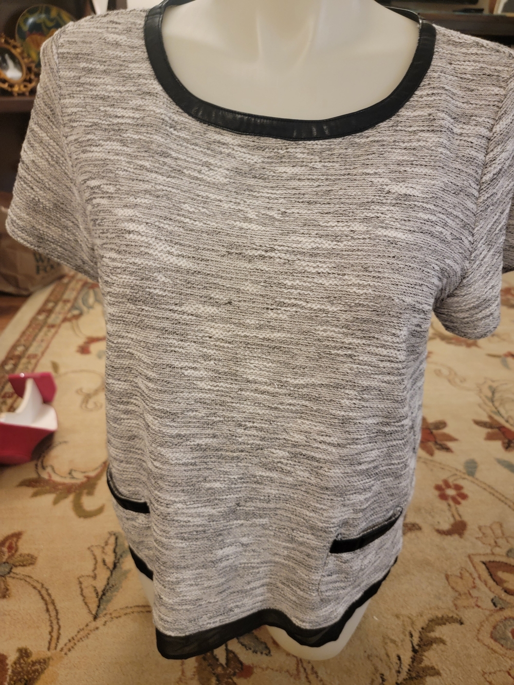 White House Black Market Gray Heather Short Sleeve Top with Black Trim